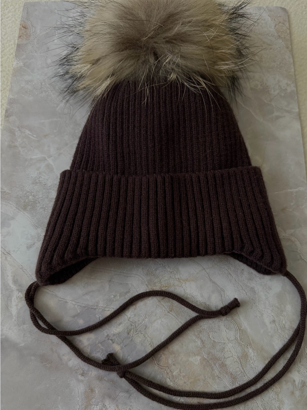 Brown Knit Winter Hat Beanie Earflaps Fur Pom Pom Size 48-50 Toddler